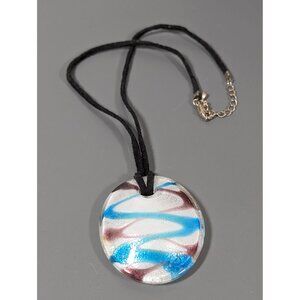 Artisan Hand Blown Glass Dichroic Oval Pendant Blue Purple Spiral Cord Necklace